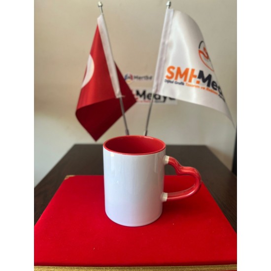 Porselen Kırmızı Kalp Saplı Beyaz Kupa Bardak Porselen Kırmızı Kalp Saplı Beyaz Kupa Bardak