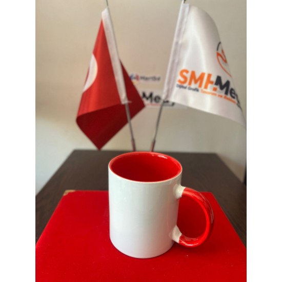 Porselen Kırmızı Saplı Beyaz Kupa Bardak Porselen Kırmızı Saplı Beyaz Kupa Bardak